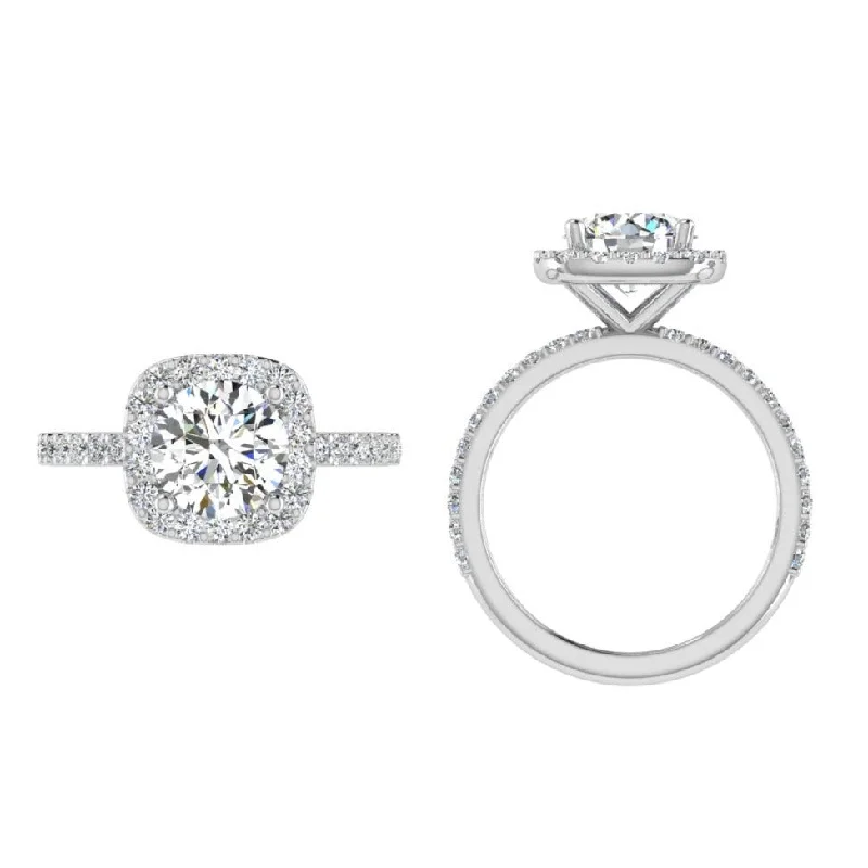 Round Diamond Cushion Halo Engagement Ring in Super White Gold