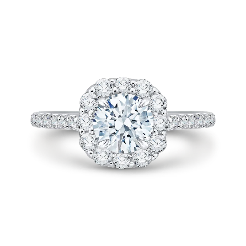 Round Diamond Halo Engagement Ring In 14K White Gold (Semi Mount)