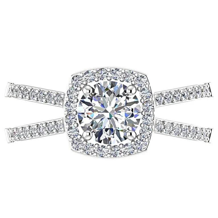 Round Diamond Halo Split Shank Engagement Ring 18K White Gold