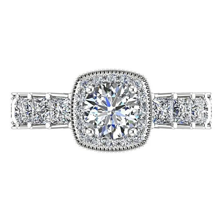 Round Diamond Halo with Princess Cut Side Stones Engagement Ring 18K White Gold