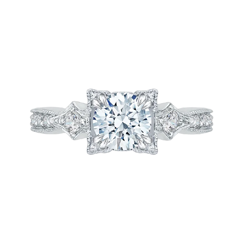 Round Diamond Vintage Engagement Ring In 14K White Gold (Semi Mount)