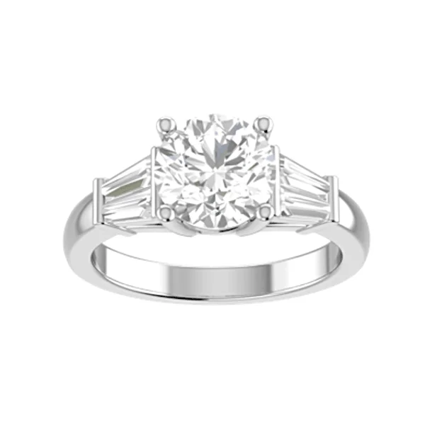 Round Diamond with Tapered Baguette Side Stones Engagement Ring 18K White Gold