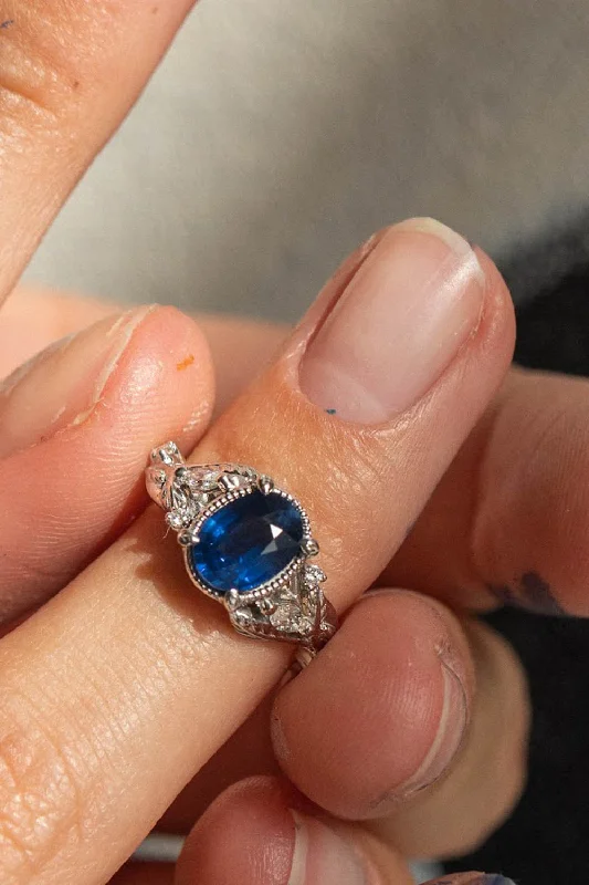 Royal blue sapphire engagement ring, nature inspired white gold proposal ring with diamonds / Patricia