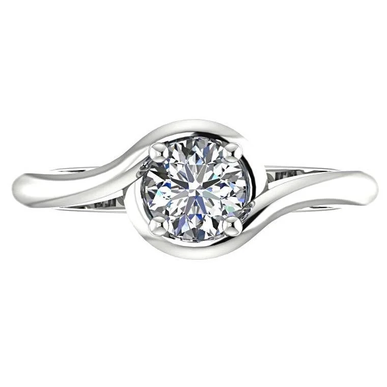 Solitaire Round Diamond Twist Band Engagement Ring 18K White Gold